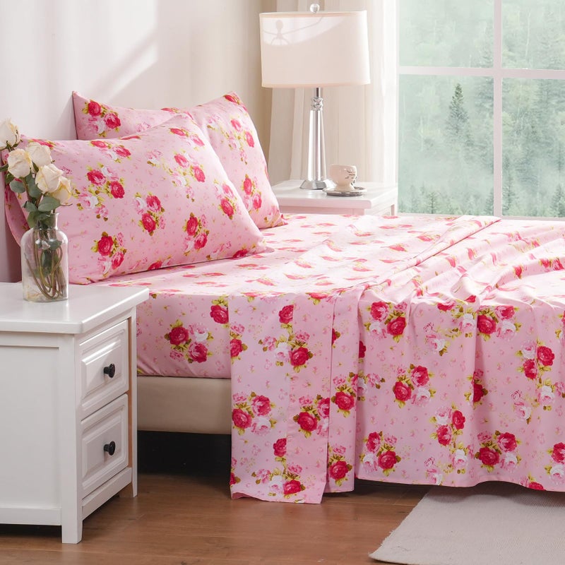 Bedlifes Full Sheet Set Ultra Soft, Breathable, Silky Flower Deep Pocket 100% Microfiber Bedding, 4 Piece Full Size Pink Floral(Red Rose) - Image 4
